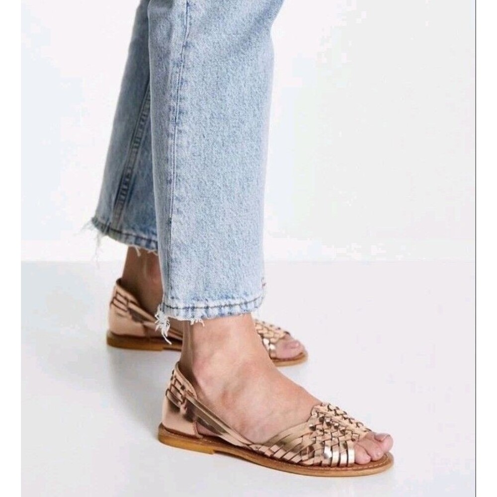 ASOS DESIGN Rose Gold Hurache Leather Slip On Sandals Flats Size 5 UK, 7 US, 38